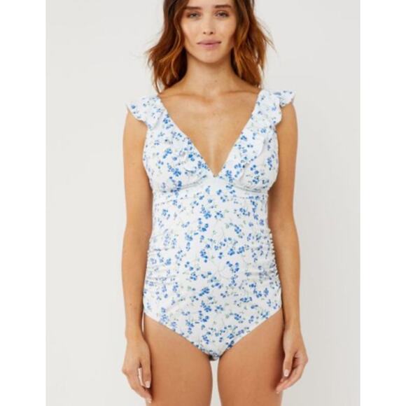 NWT A Pea in the Pod Ruffled Maternity Floral Swimsuit Light Blue Size XS - Picture 6 of 8